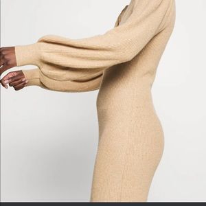 Ribbed Puff Sleeve Midi Sweater Dress